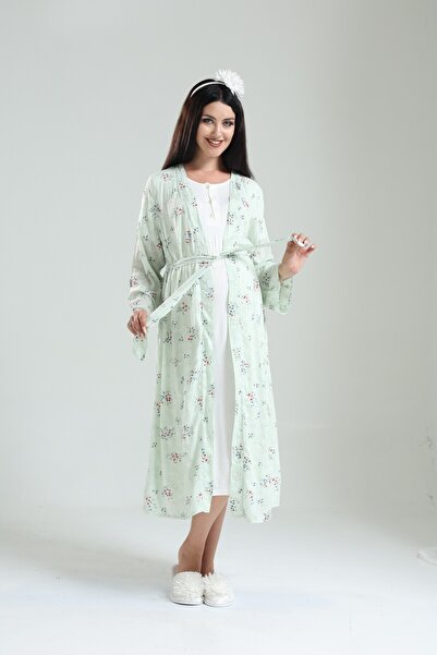 Yulem Homewear Yeşil Çiçek Desenli Pamuklu Sabahlıklı Lohusa Hamile Gecelik-S...
