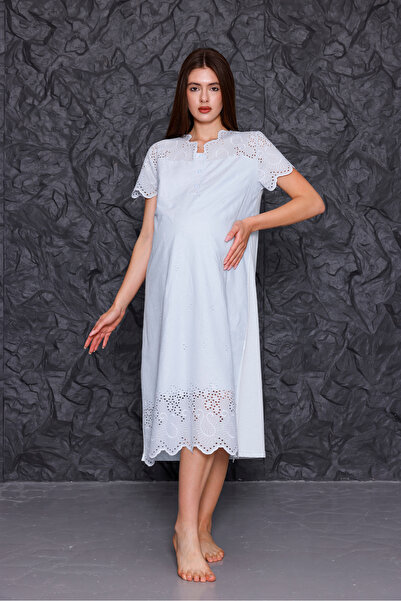 Yulem Homewear Mavi Fisto Keten Lohusa Hamile Gecelik-Sabahlık 2'li Set