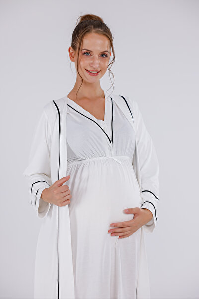 Yulem Homewear Екру дантелена памучна нощница с дълги ръкави и халат за бреме...