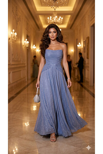 CENGIZ AKTURK فستان سهرة طويل فضي اللون بدون حمالات - 9167C