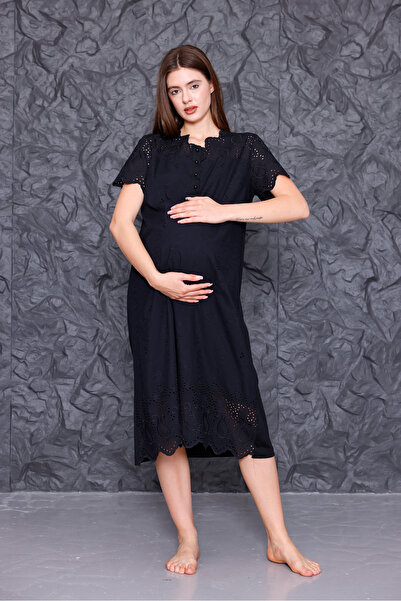 Yulem Homewear Μαύρο νυχτικό εγκυμοσύνης από λινό φιστό