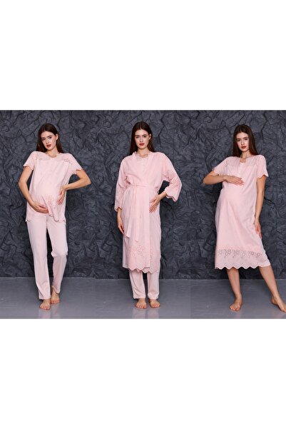 Yulem Homewear Pudra Fisto Keten Yazlık Lohusa Hamile Gecelik-Sabahlık, Pijam...