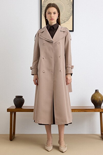 Olcay Διπλή Λεπτομέρεια γιακά Υδροαπωθητικό Μακριά καμπαρντίνα με χαρακτηριστ...