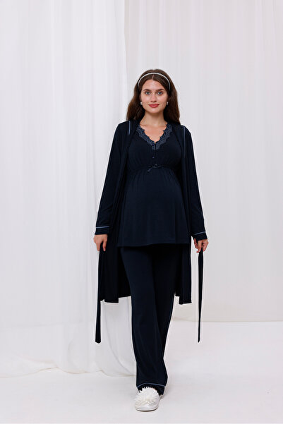 Yulem Homewear Lacivert Melanj Dantel Yaka Lohusa Hamile Sabahlıklı 3'lü Pija...