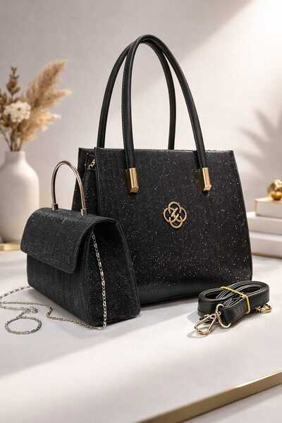 ZİVORA Set de geantă de umăr piese pentru femei, negru cu sclipici - Rochie d...