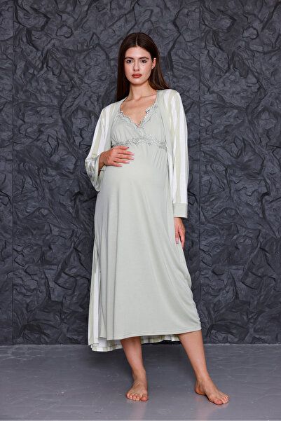 Yulem Homewear Zeleni set noćne haljine i ogrtača za trudnice sa Prugasto kom...