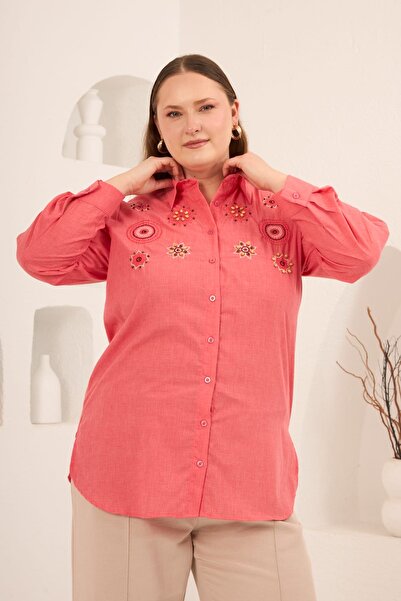 OYERGA MODA Women's Plus Size Coral Embroidered Relaxed Fit Shirt