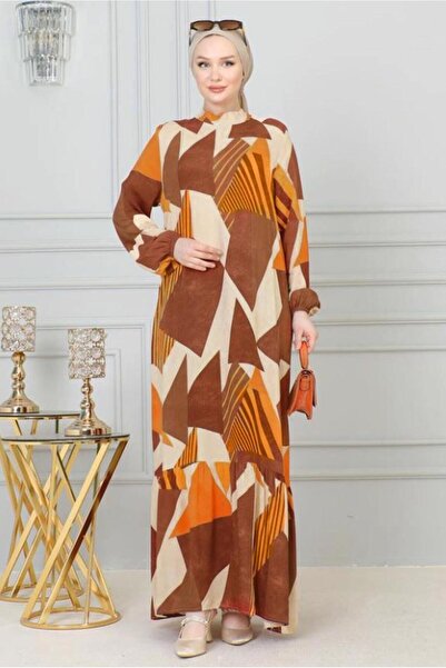 TRENDTESETTÜR KADIN KAHVE (KİREMİT) DESENLİ VİSKON TESETTÜR ELBİSE T 4128