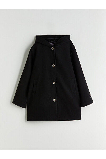 LC Waikiki Lcw Kids Black Hooded Girls' Cashmere Coat with Nevavm Difference