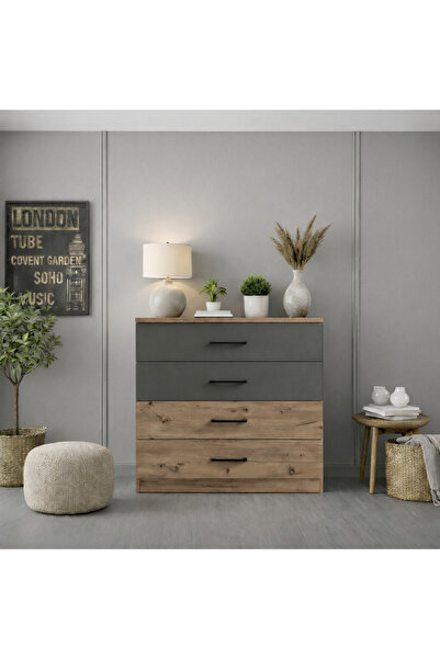 Noiss LATREE ŞİFONYER ANTİK ÇAM-ANTRASİT-4 ÇEKMECELİ