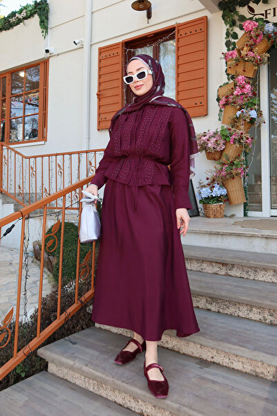 LOCCO Kadın Önü Taş Detay Gizli Düğmeli Bel Bağlamalı Etekli Takım Mürdüm