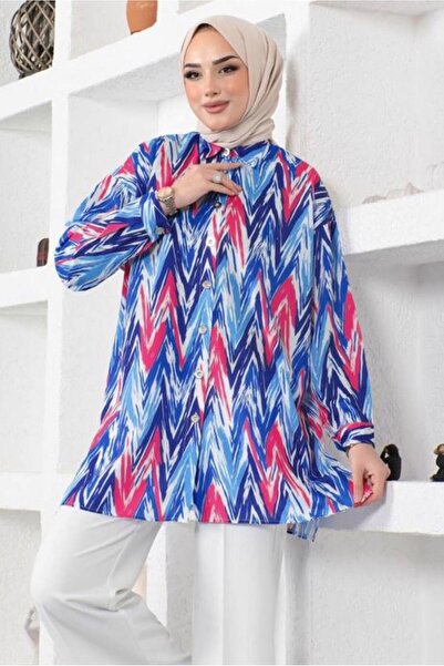 TRENDTESETTÜR KADIN LACİVERT (SAKS) DESENLİ YANI YIRTMAÇLI GÖMLEK TUNİK T 7888