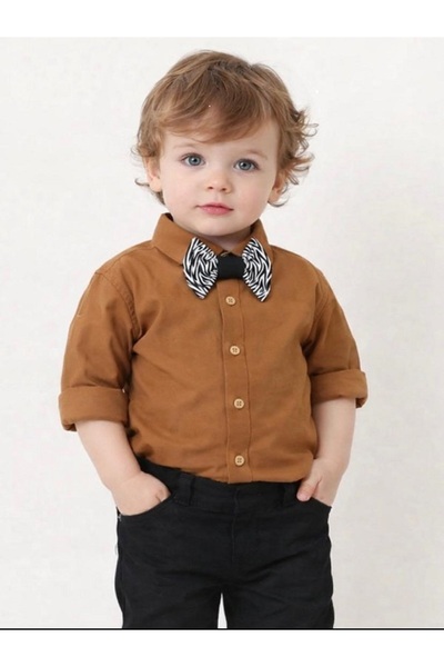 tubibebe Kahve Bebek Gömlek - Zebra Papyon - Çocuk Gömlek - Erkek Bebek - Öze...