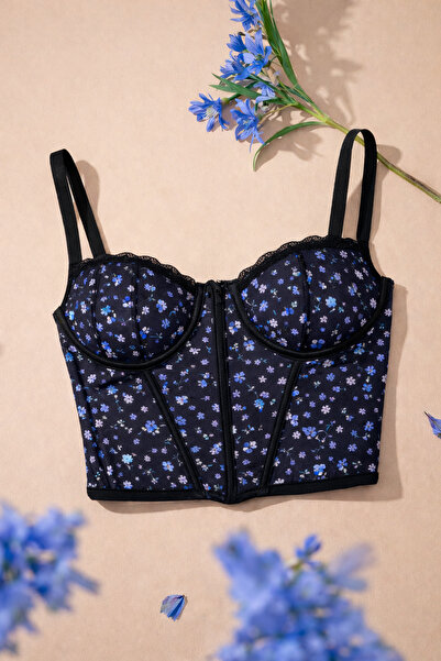 koza iç giyim Women's Floral Patterned Unpadded Agraphed Corset Crop Bustier
