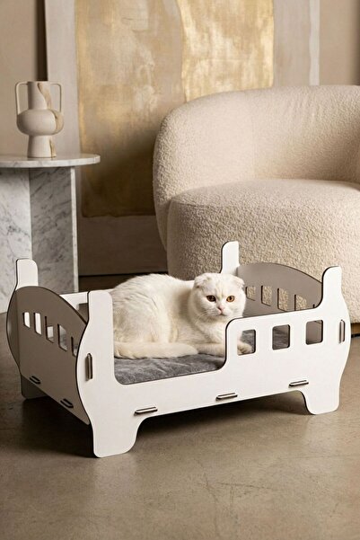 Evene Büyük Kedi Yatağı Dekoratif Ahşap Dayanıklı Beyaz Renk Beşik Karyola Model