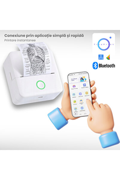 OEM Imprimanta termica Mini portabila Bluetooth, + 5 role hartie simple, 3 colorate si 5 adezive