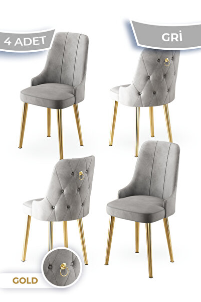 Canisa Newa Serisi 4 Adet Gri Sandalye 1.sınıf Babyface Kumaş Gold Kaplama Me...
