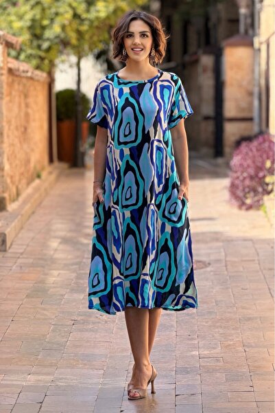 Nevin Kaya Moda Bavlnené šaty s modrým ametystovým vzorom