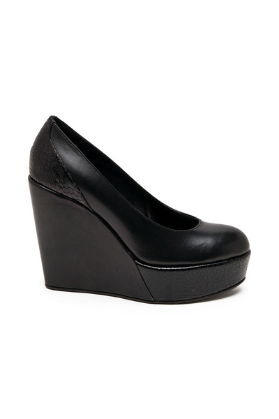 CANES AYAKKABI Kadın Siyah Deri Arkası Yılan Derisi Detaylı Dolgu