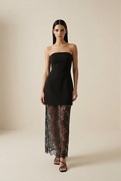Setre Черна рокля без презрамки, с дантелени детайли и дълъг крой