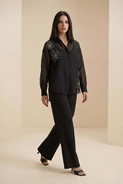 Setre Черна прозрачна риза с камъни и детайли от вътрешната страна, с дълги р...