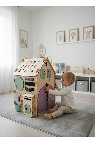 MARSWOODART Montessori Ahşap Aktivite Evi – Büyük Boy Ahşap Busyboard Eğitici...