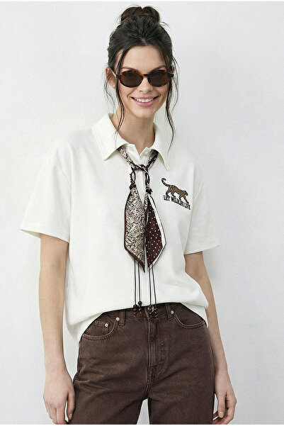 Bianco Lucci Eșarfă cu broderie tigru pentru femei, cu guler polo tricou 3501...
