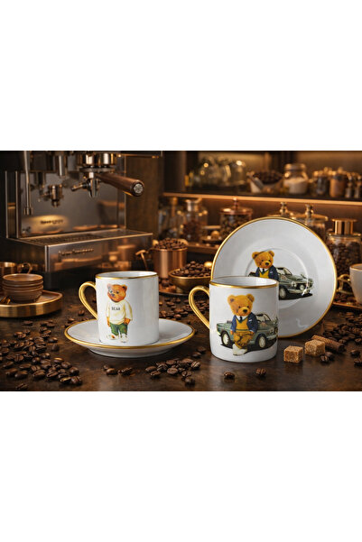 Genel Markalar King Bear 2'li Porselen Türk Kahve Fincan Takımı Set Beyaz Ayı...