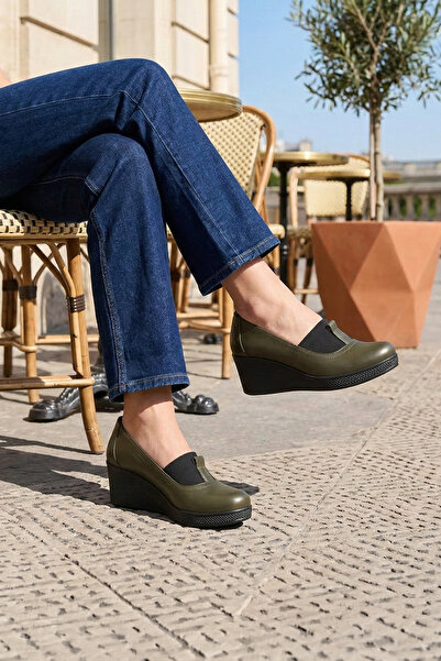 Erkan Saçmacı Daisy Haki Справжня шкіра Набивний каблук Повсякденне взуття