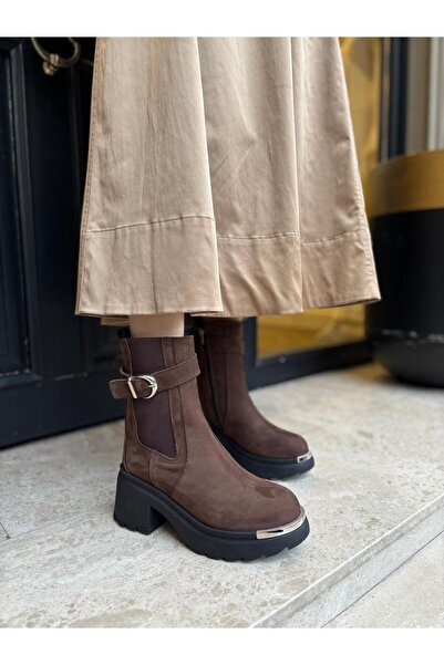 BABLACK Kemer Detaylı %100 Nubuk Deri Ara Boy Bot Acı Kahve