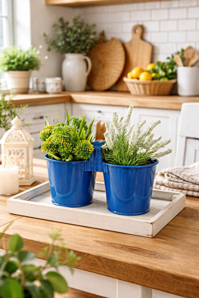 Arma House Country Tarzı Mavi Galvaniz Ahşap Kuluplu Ikiz Saksı & Vazo