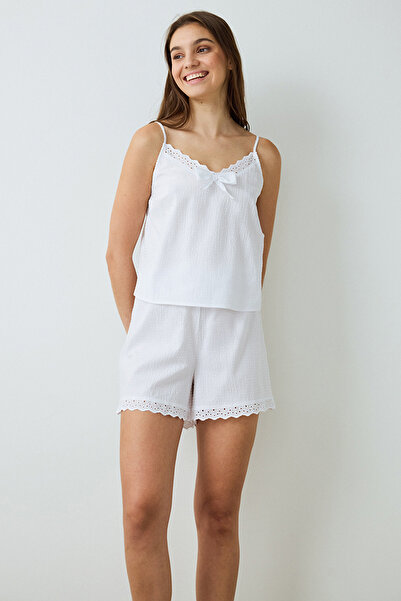 Penti White Ruched V Neck Adjustable Strap Shorts Pyjama Set