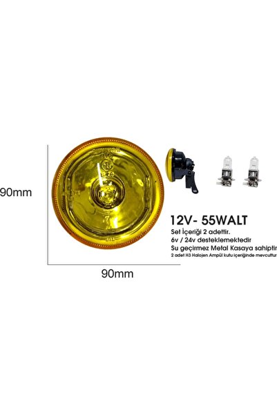 Sm Motors Sis Farı Seti Üniversal 90mm Sarı 2 Adet + H3 Ampül