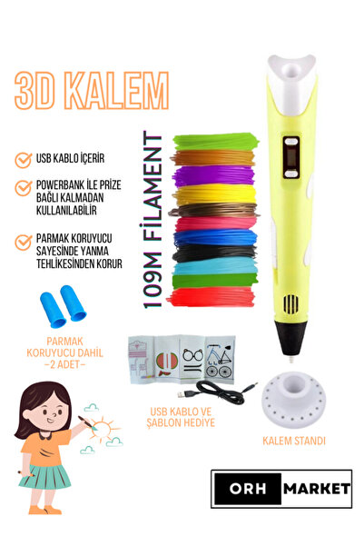 ORH Market Sarı 3d Kalem 3d Pen Yazıcı Kalem – Çok Renkli Pla Filament (TOPLA...