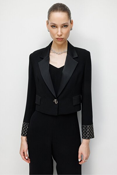 Moda İlgi Modailgi Kol Manşeti Taşlı Tek Düğme Krop Ceket - 40053 Siyah