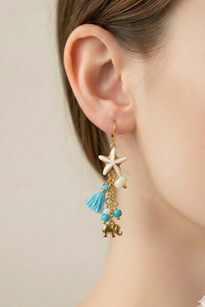 PETEK AKSESUAR Zincir Sallantılı Etnik Deniz Yıldızı Fil Turkuaz Küpe