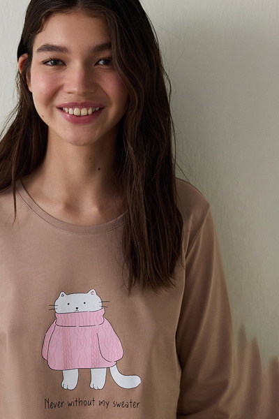 Penti Crew Neck Slogan Printed Cotton Sweatshirt Pajama Set