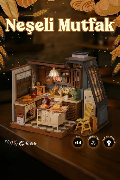 Rolife Neşeli Mutfak 3D Puzzle Ahşap Minyatür Maket Kiti DIY Kendin Yap