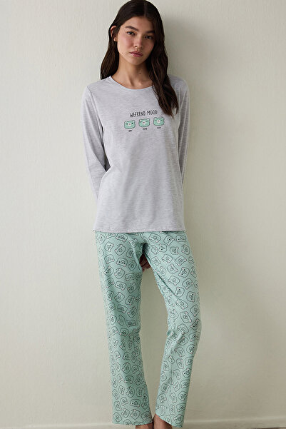 Penti طقم بيجاما قطني بأكمام طويلة ورقبة دائرية مناسب لعطلة نهاية الأسبوع