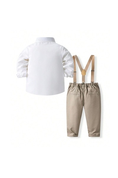 Kidohug Costum elegant baieti, Camasa cu maneca lunga, Pantaloni lungi cu bretele si Papion