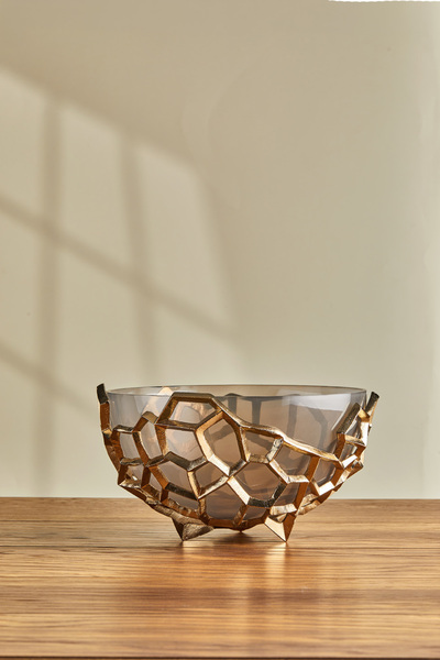 Cornella وعاء فاكهة زجاجي من بيلار بلون ذهبي عتيق ورمادي متدرج - زجاج قابل لل...
