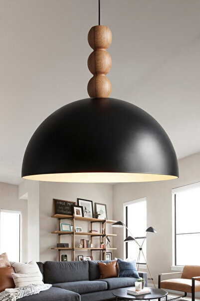 Marrien Luna Bohem Ahşap 3 Boncuklu Siyah Metal Sarkıt (30 cm) Yemek Masası Ü...