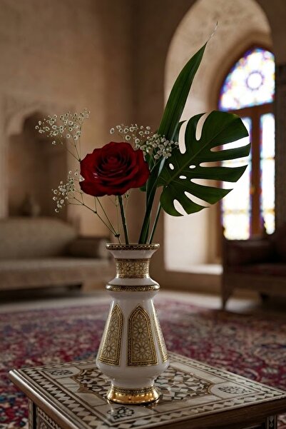 DECOSTYLE Selçuklu Desenli El İşçiliği Krem Cam Vazo - Gold İşlemeli Lüks Dek...