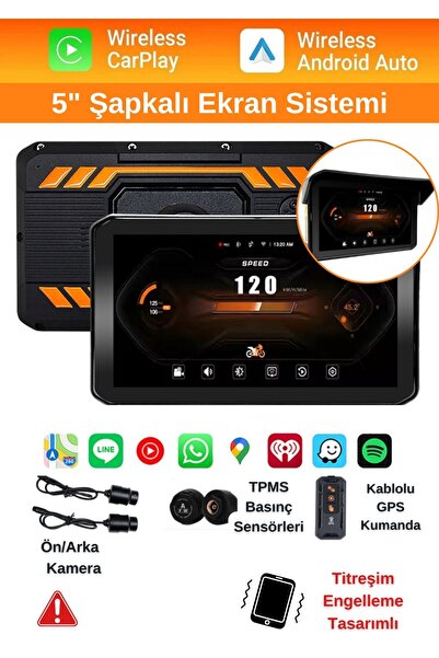 BEKAZE 5" Inch 2K Ultra HD Motosiklet Multimedya Seti – Çift Kamera + Basınç ...