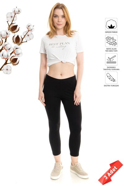 DAYCO Premium Black Color Cotton High Waist Leggings 3-Piece Advantage Pack - Tyt101-Syh