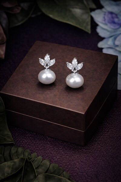 VİYA Veronica Gümüş Renk Zirkon Taşlı Inci Taşlı Abiye Küpe