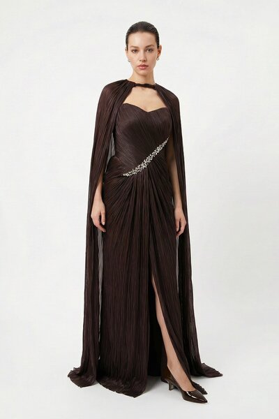 Setre Kahve Straplez Yaka Detaylı Dökümlü Abiye Elbise