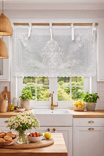 CASA NATURALE Ekru Keten Görünümlü Nakışlı Farbela Tül Mutfak Perdesi – Bordü...