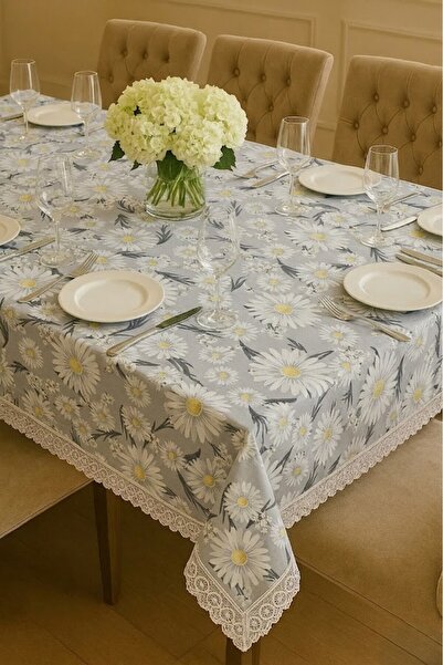 Rona Home Luxurious Gray Daisy Pattern Tablecloth with Lace Detail, Stylish a...