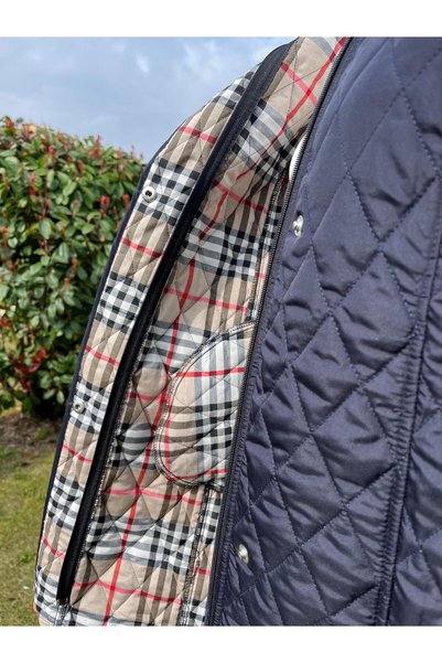 VETRE Women's Large Size Plaid 95 Cm Seasonal Navy Blue Quilted Coat 1040